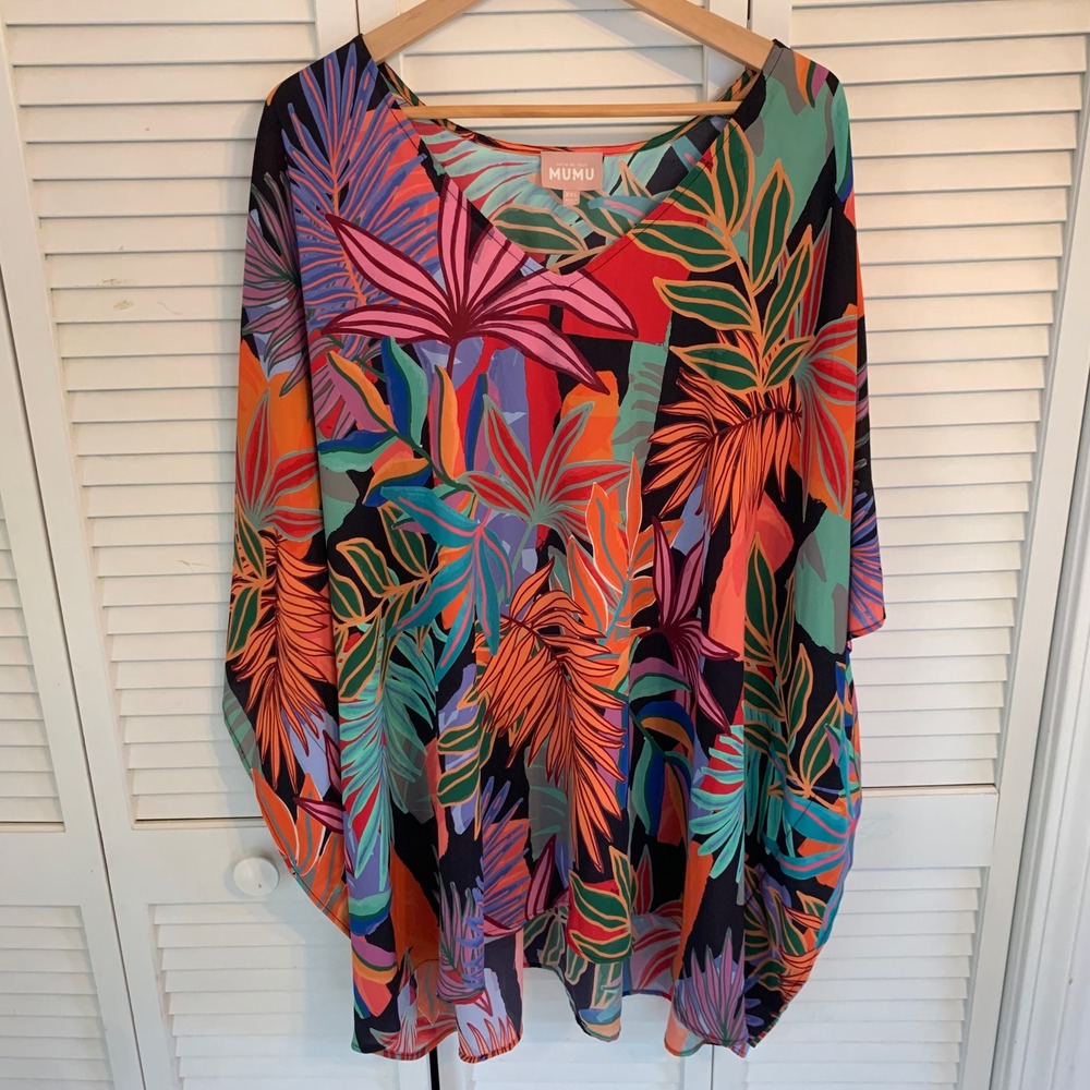 Show Me Your Mumu XXL 2XL Tropical Palm V-Neck Caftan Tunic Top Coverup USA